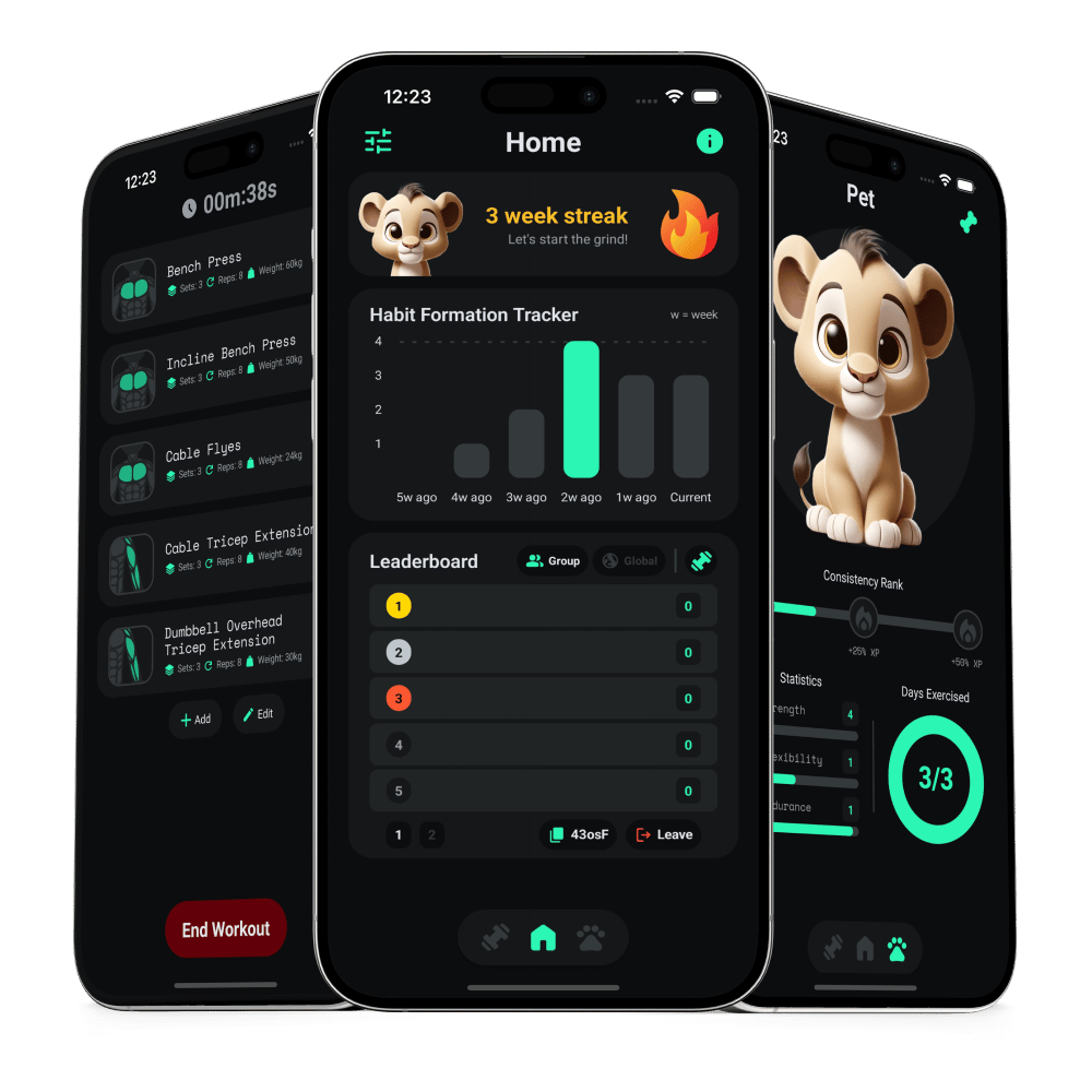 GymPet app screens showing workout tracking and a virtual pet